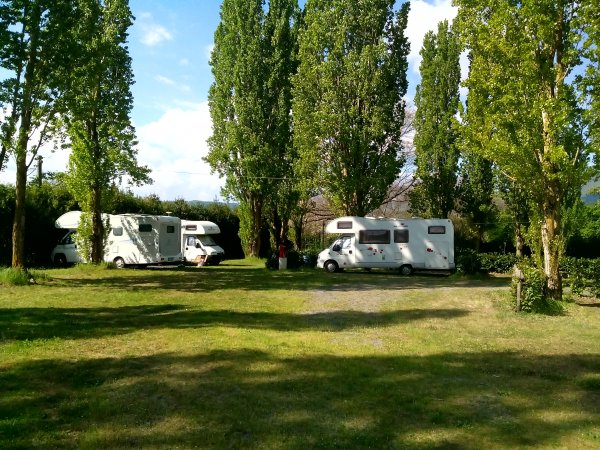 Camper parcheggiati in un'area verde.