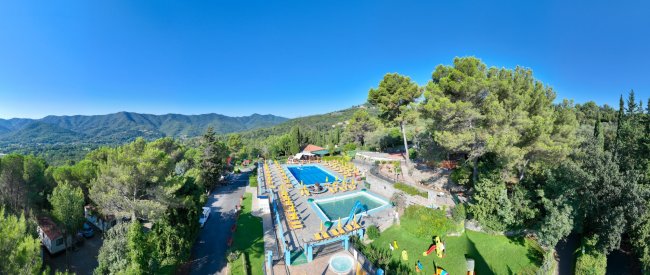Piscina con ombrelloni gialli, vista panoramica verde.