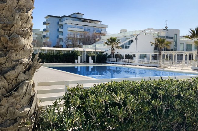 Piscina con palme e edifici moderni sullo sfondo.