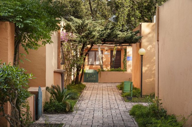 Sentiero tra edifici color ocra e vegetazione.
