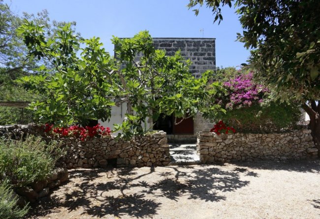 Casa in pietra con giardino, alberi e fiori colorati.