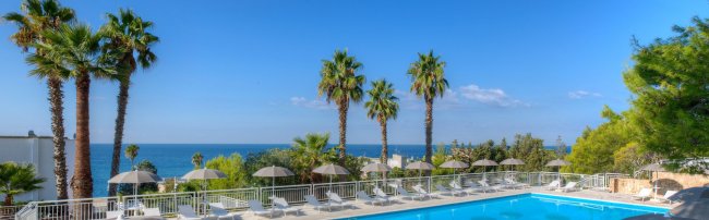 Piscina con palme e vista sul mare.