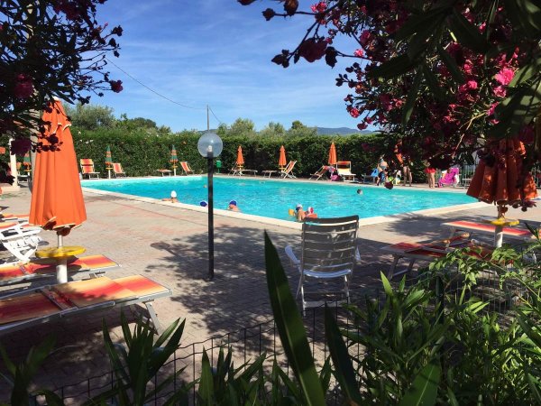 Piscina con sdraio e ombrelloni arancioni.