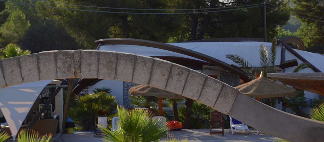 Archi e ombrelloni vicino a palme.