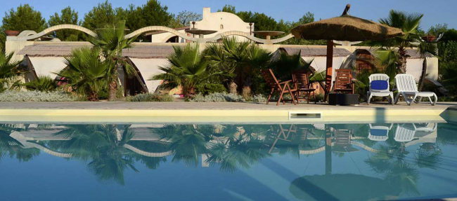 Piscina con lettini e piante verdi intorno.