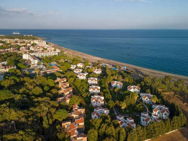 Veduta aerea di villette immerse nel verde lungo la costa.