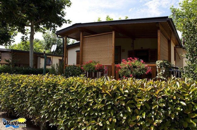 Casa di legno con fiori e cespuglio.