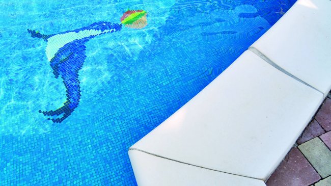Piscina con mosaico di delfino sul fondo.
