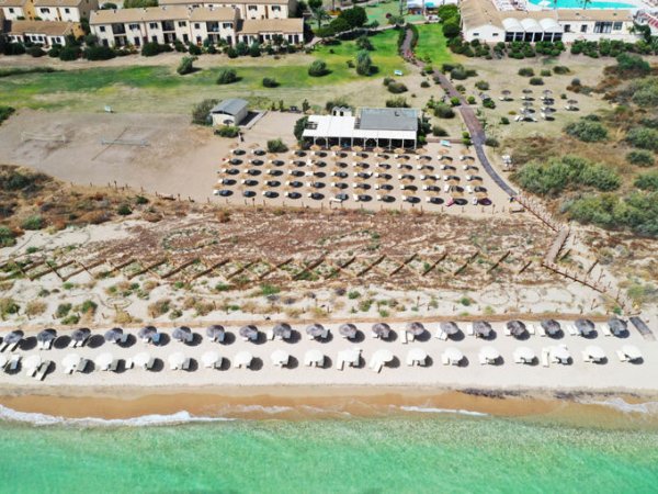 Veduta aerea di una spiaggia con ombrelloni e mare turchese.