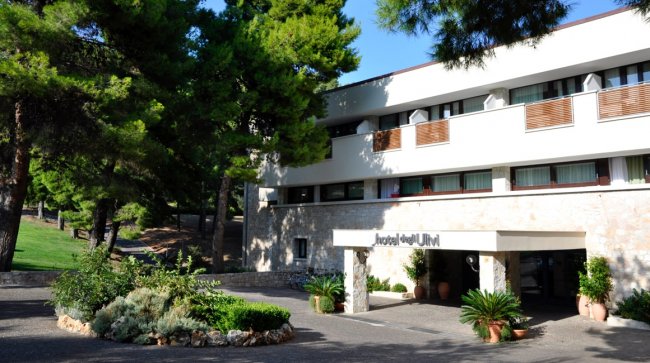 Ingresso hotel tra alberi e aiuole.