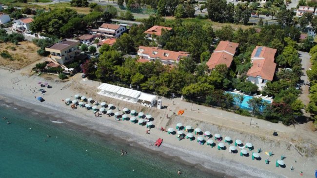 Spiaggia con ombrelloni, resort circondato da alberi.