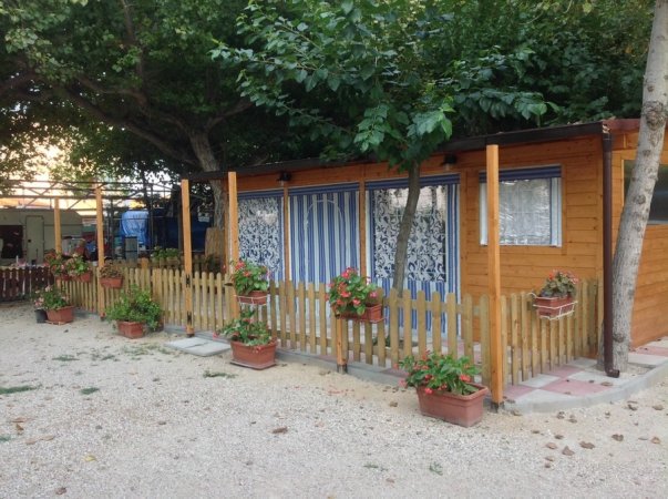 Casetta in legno con giardino e fioriere.