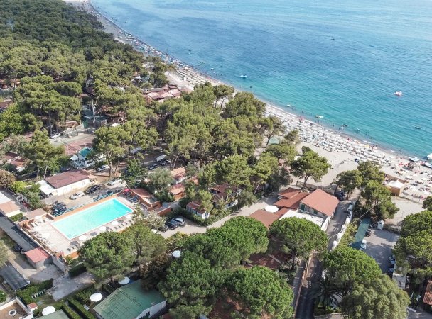 Veduta aerea di case e spiaggia sul mare.