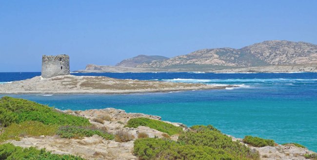 Torre costiera su isola circondata dal mare.