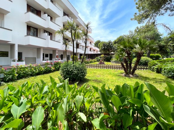 Giardino verde con palme davanti a un edificio bianco.