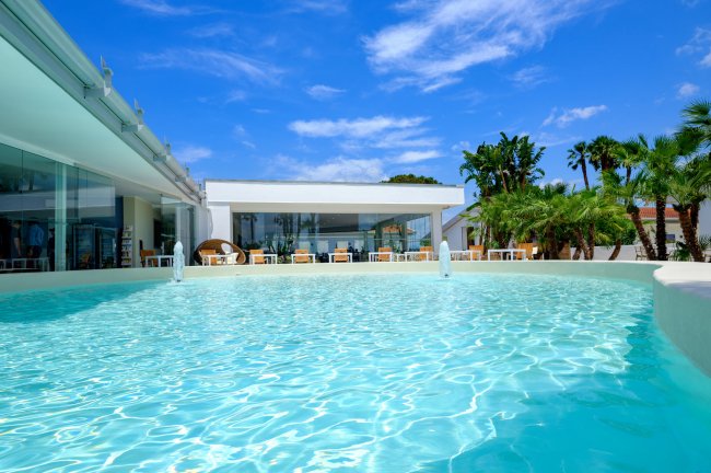 Piscina soleggiata davanti a edificio moderno con palme.