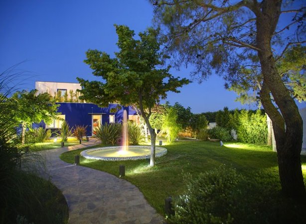 Giardino notturno con fontana e sentiero illuminati.