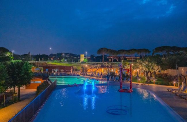 Piscina illuminata di notte con vegetazione circostante.