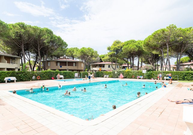 Piscina all'aperto con bagnanti e alberi.