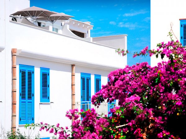 Edificio bianco con finestre blu e bougainvillea fucsia.