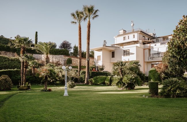 Giardino curato con palme e lampioni bianchi.