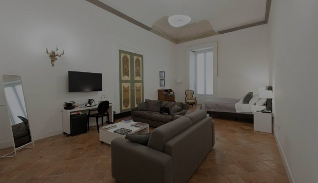 Ampia stanza con divano, TV e letto.