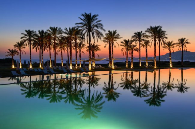 Palme illuminate riflesse in una piscina al tramonto.