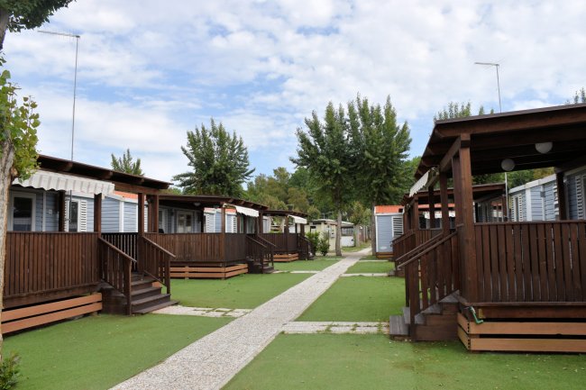 Stradina tra bungalow in legno con giardini curati.