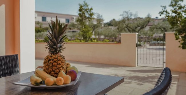 Tavolo con frutta e ananas, giardino sullo sfondo.