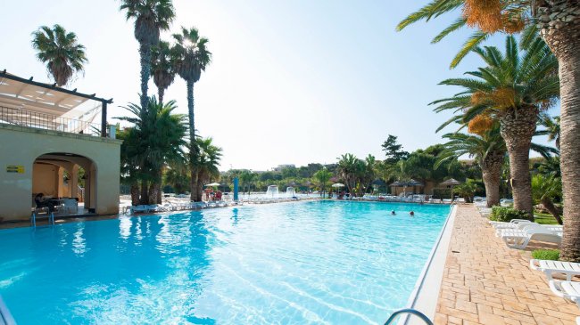 Piscina all'aperto con lettini e palme.