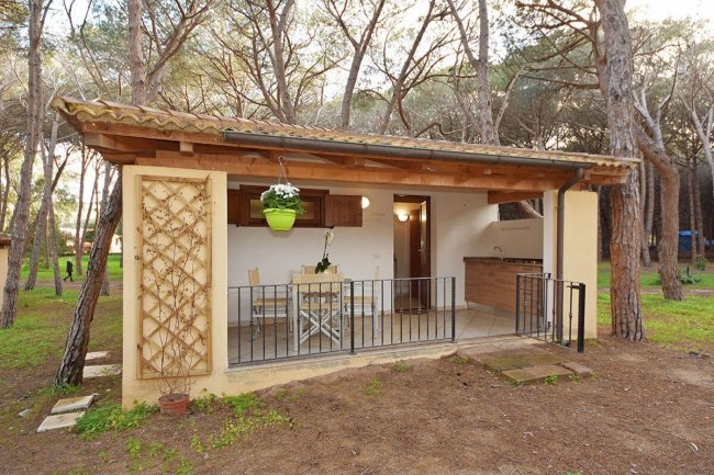 Bungalow in legno con patio, immerso tra alberi.
