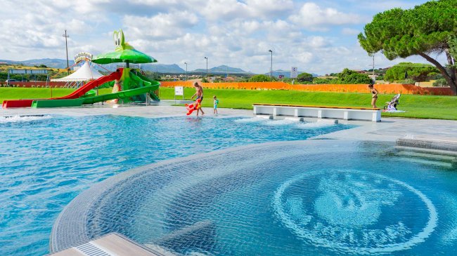 Piscina con scivolo e area verde.