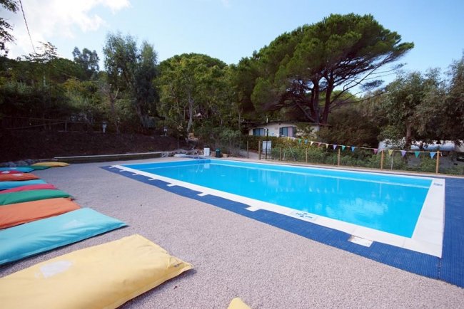 Piscina circondata da alberi.