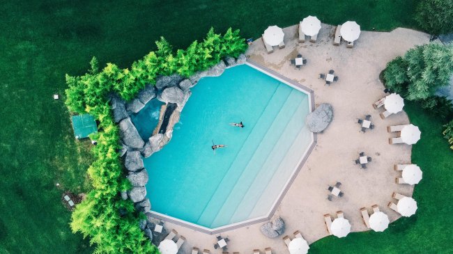 Vista aerea di piscina con ombrelloni e alberi.