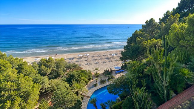 Vista dall'alto di una spiaggia e piscina tra alberi.
