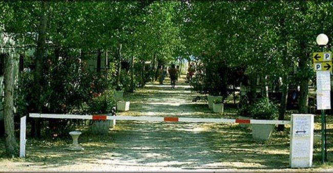 Viale alberato con sbarra bianca e rossa.