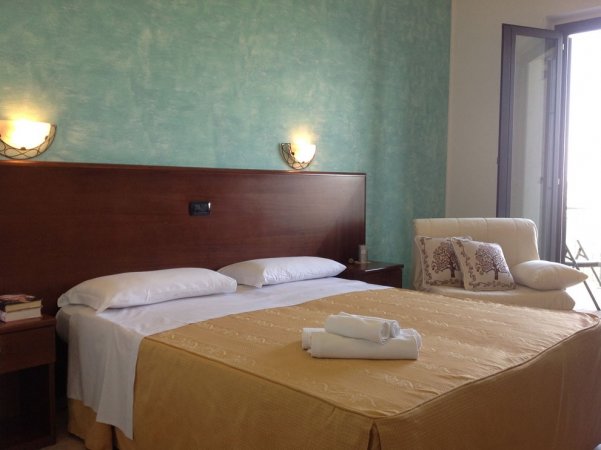 Camera da letto con letti matrimoniali e parete verde.