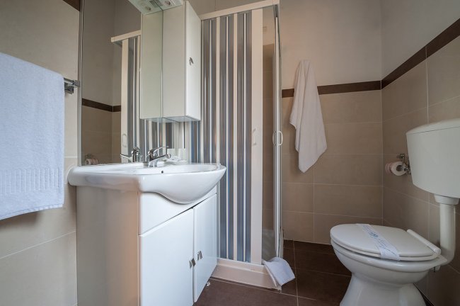 Un bagno con doccia, lavandino e WC.
