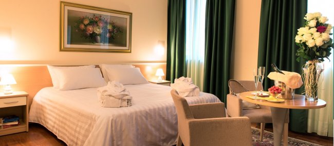 Camera d'hotel accogliente con letto matrimoniale.