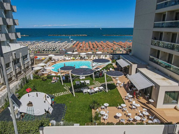 Vista dall'alto di un hotel con piscina, prato e spiaggia.