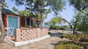 Terrazza accanto a casetta tra gli alberi.