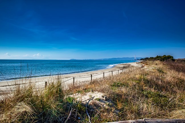 Spiaggia deserta con mare blu e cielo sereno.