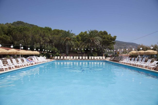 Piscina con lettini, ombrelloni e palme sullo sfondo.