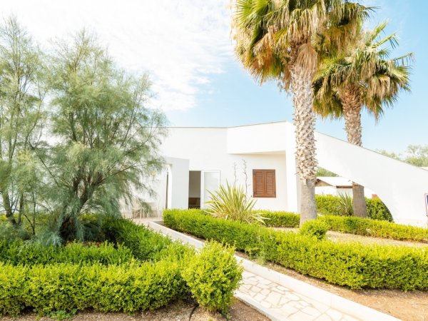 Edificio bianco con giardino e palme.