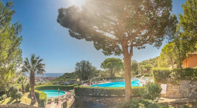 Piscina circondata da alberi con vista sul mare.