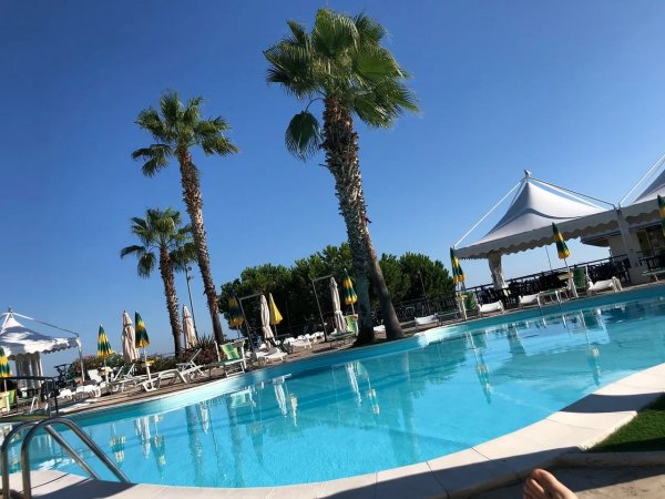 Piscina con palme e tende bianche.