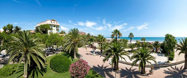 Una passeggiata alberata con vista mare e cielo azzurro.