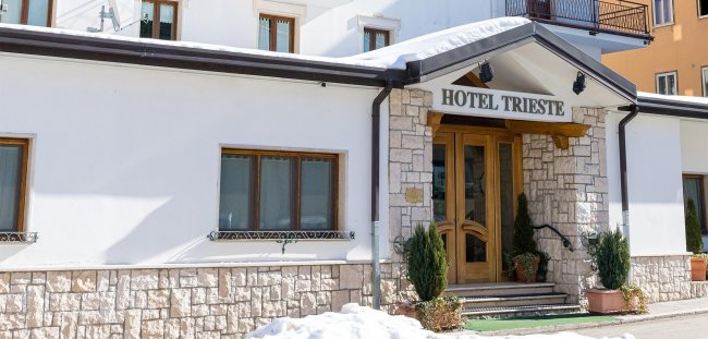 Ingresso dell'Hotel Trieste con pietre e piante.