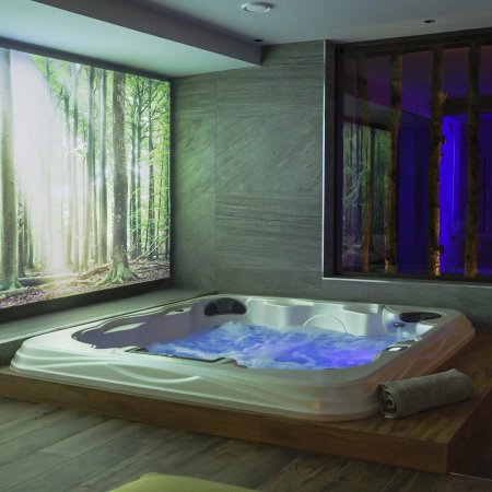 Vasca idromassaggio in un ambiente rilassante con pannello foresta.