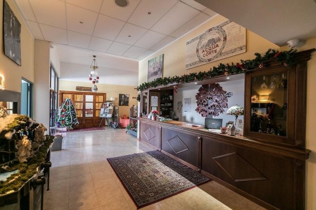 Reception decorata con albero di Natale e tappeto.